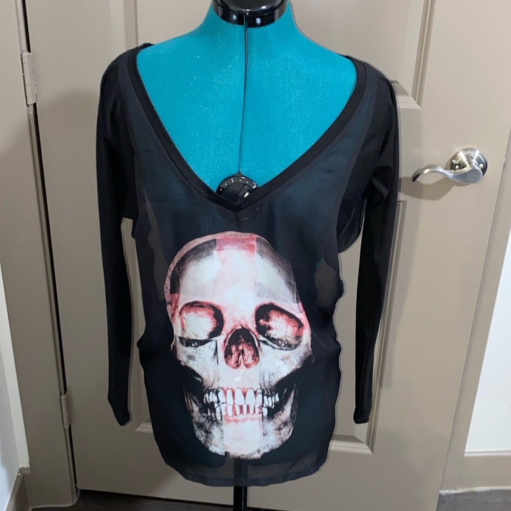 Hot topic black white and red vneck long sleeve sheer skull top exposed back